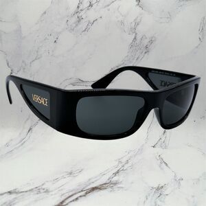VERSACE Sunglasses New Black Square Wrap Shield Mask Acetate Gold Letter Logo